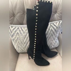 Neiman Marcus Black Over the Knee Boots with Gold Studs